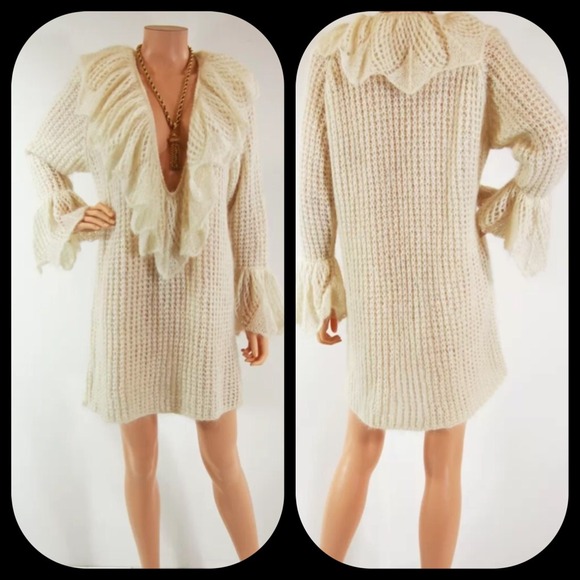 Michael Simon ivory mohair V neck lace knit dress - Picture 3 of 4