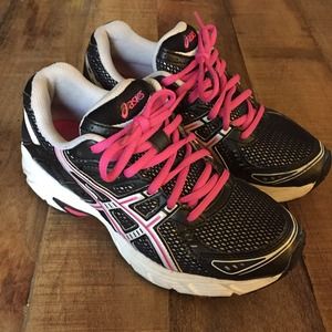 Asics black white and hot pink running shoes