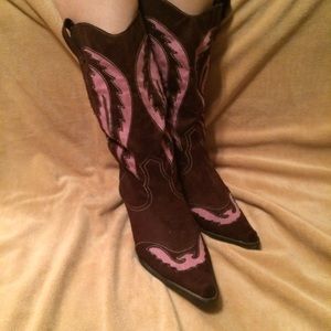 Brown and pink suede Cowgirl boots size 8