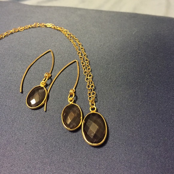 Goldtone necklace and earrings with Smoky Quartz