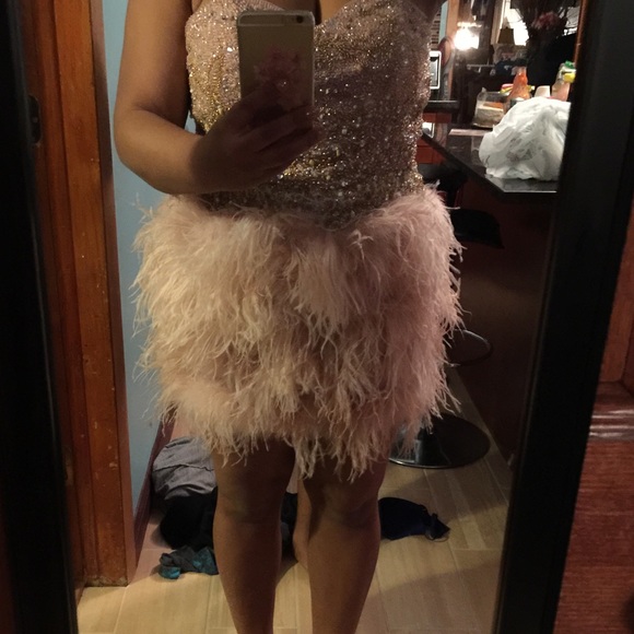 Custom Light Pink Dress w/Ostrich Feathers Beading - Picture 3 of 4
