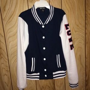 Navy and white varsity sweater