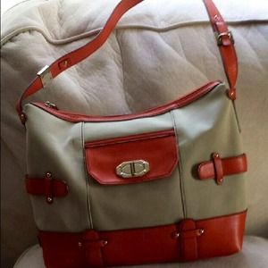 Bone and vintage orange purse.