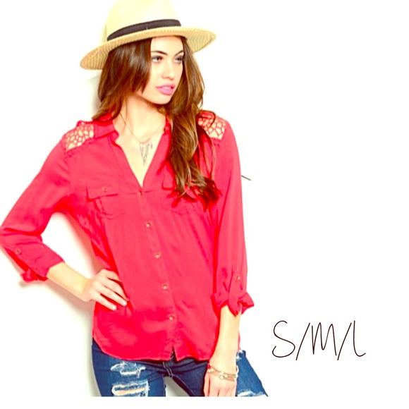 Tops - NWT! ᑕOᗰIᑎG Soon!  Red Button Up w back LACE!