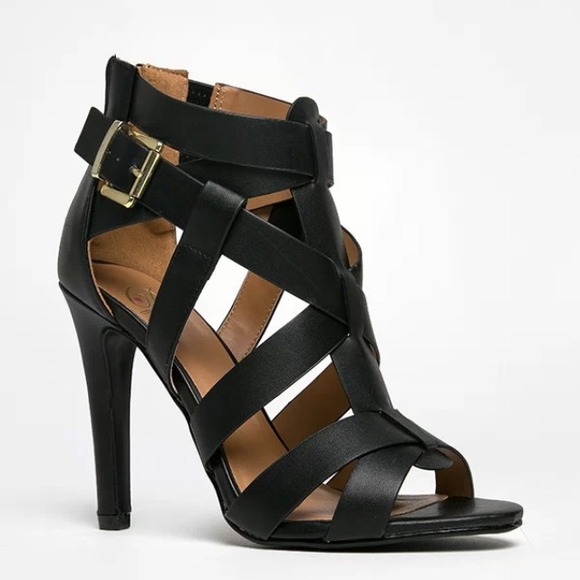 Black Faux Leather Sexy Stiletto Open Toe Heel