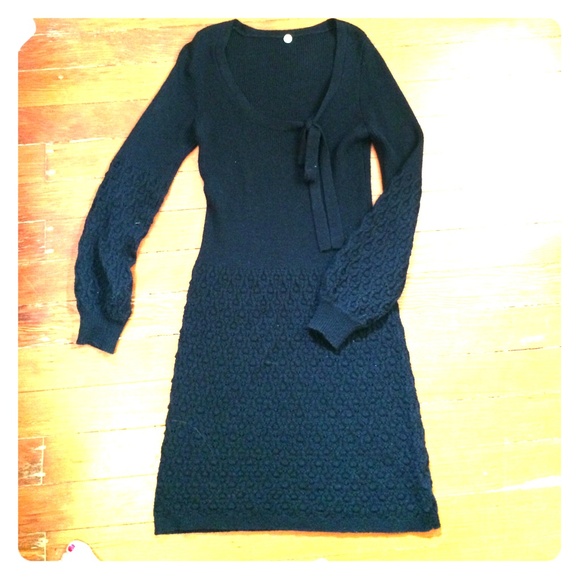 Black Textured Bell Sleeve Sweater Dress