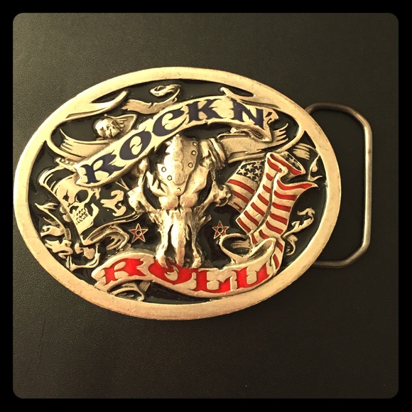 Lip service belt buckle: "rock and roll"