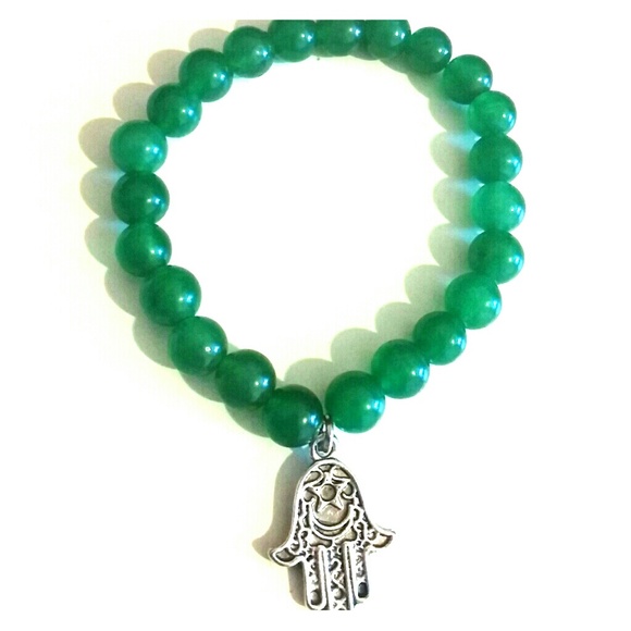 Hamsa hand stretchy green bead bracelet