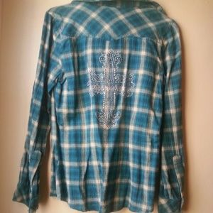Blue and cream flannel shirt with rhinestone cross