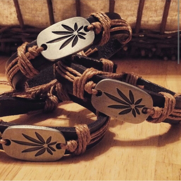 1 Tan leather marijuana potleaf maryjane bracelet