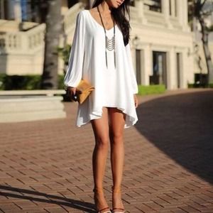 SHOULDER V-NECK MINI LOOSE CASUAL DRESS