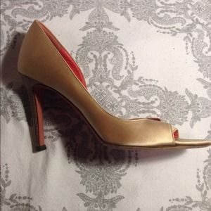 Judith Leiber gold satin peep toe sandal