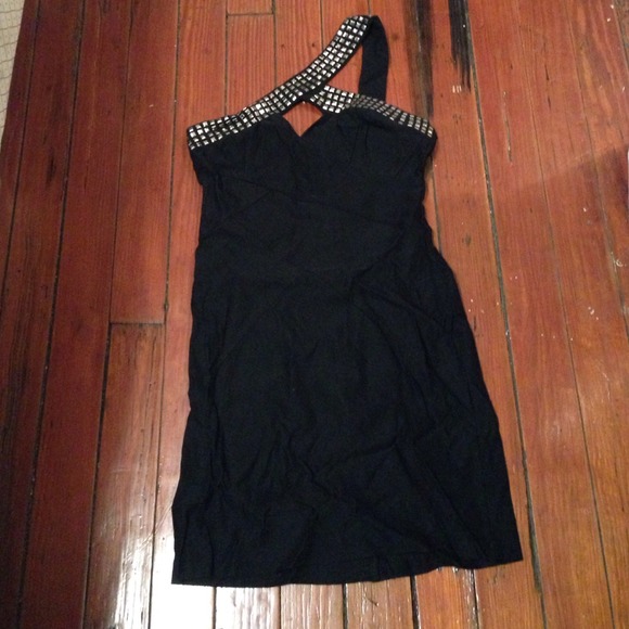 Black Fitted One Shoulder Dress w/Studded Straps