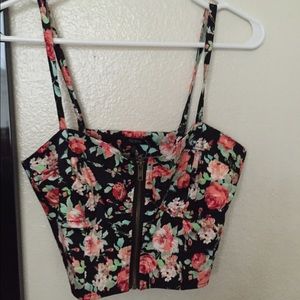 Black with pink floral print crop top