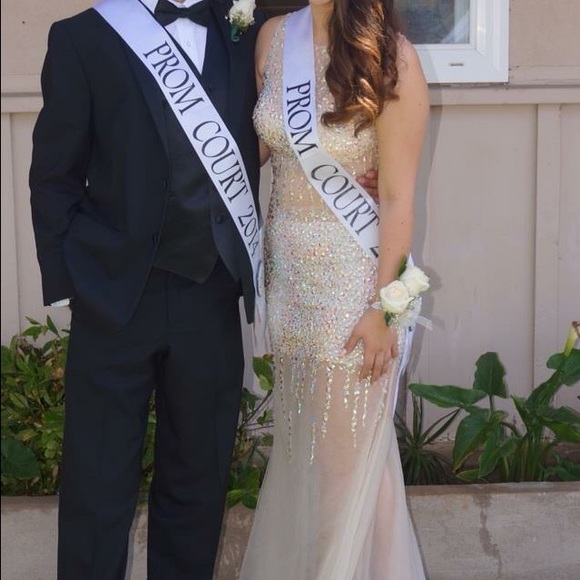 Unique nude, sheer, ab gem prom dress.
