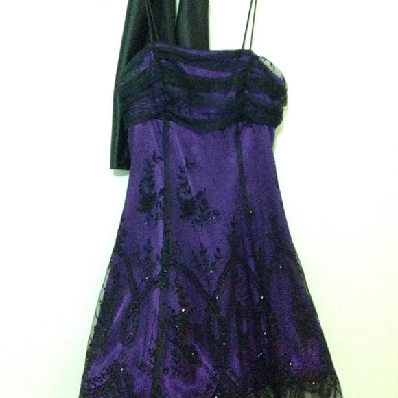 Purple and black formal dress with scarf
