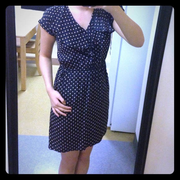 % Silk White Dotted Navy Dress - Picture 1 of 4