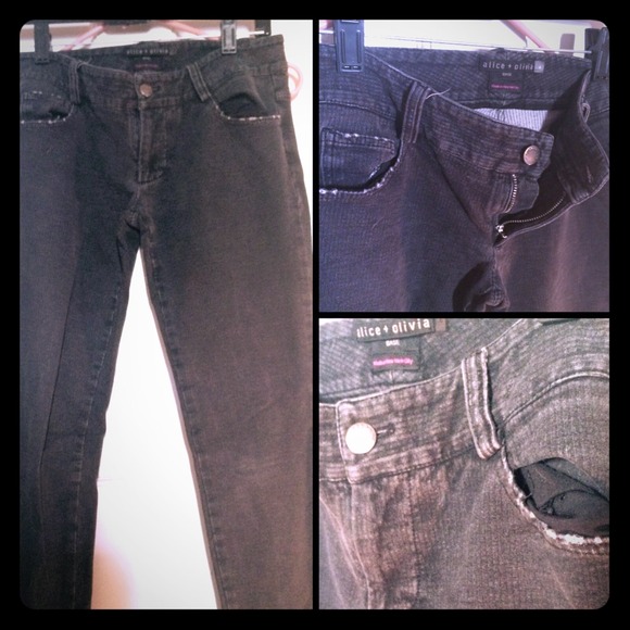 Alice+Olivia Black/Grey Pinstripe Distressed Jeans
