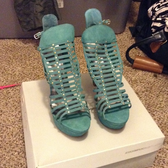 Teal Gold studded Heels, Like New, Worn Once!! - Picture 1 of 3