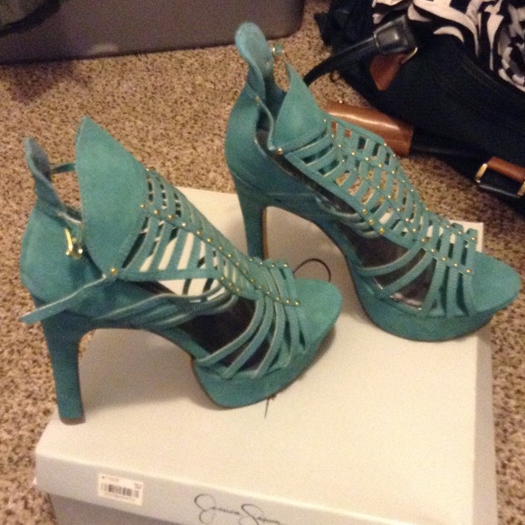 Teal Gold studded Heels, Like New, Worn Once!! - Picture 2 of 3