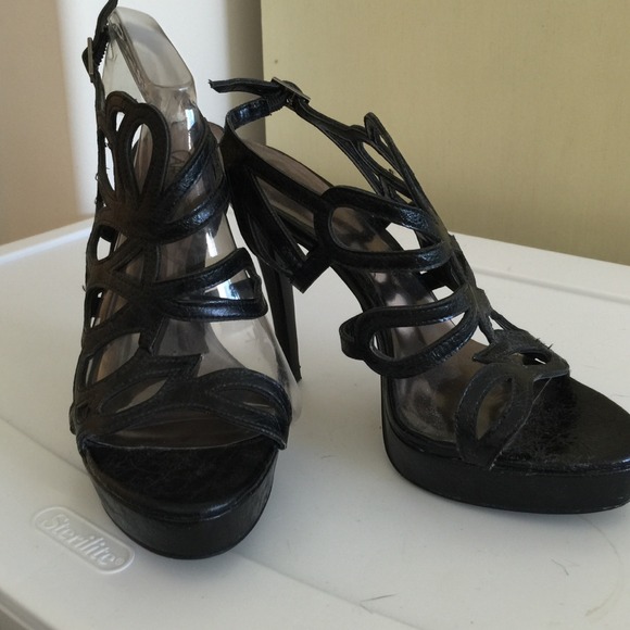 black Leather Cut out Heels