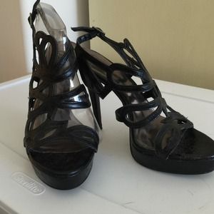 black Leather Cut out Heels