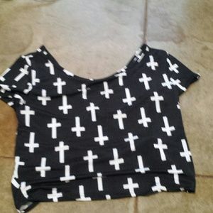 Black shirt with white crosses. Crop top