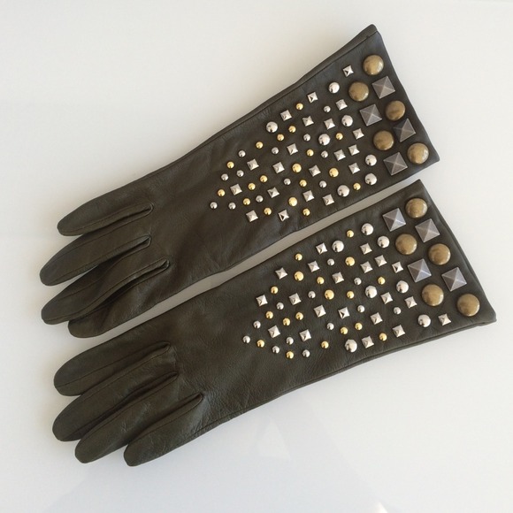 Olive green studded leather gloves
