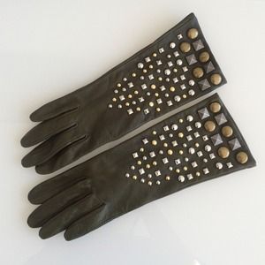 Olive green studded leather gloves