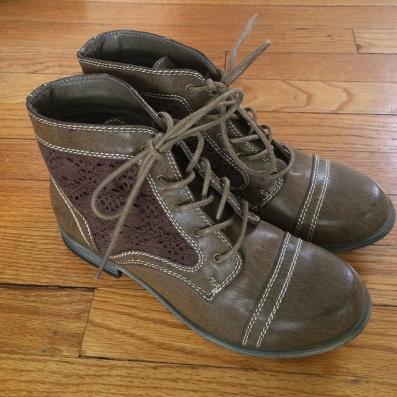 Brown faux leather crochet inset ankle boots