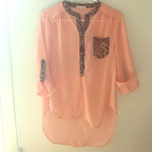 Peach and Cheetah Print High-Low Sheer Top