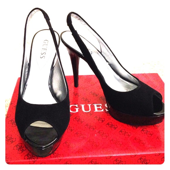Guess black suede/patent platform heels