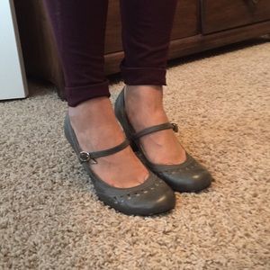 Grey low 2" heel, Mary Jane style.