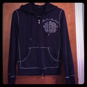 BCBG hooded sweater. Medium silver/navy athletic