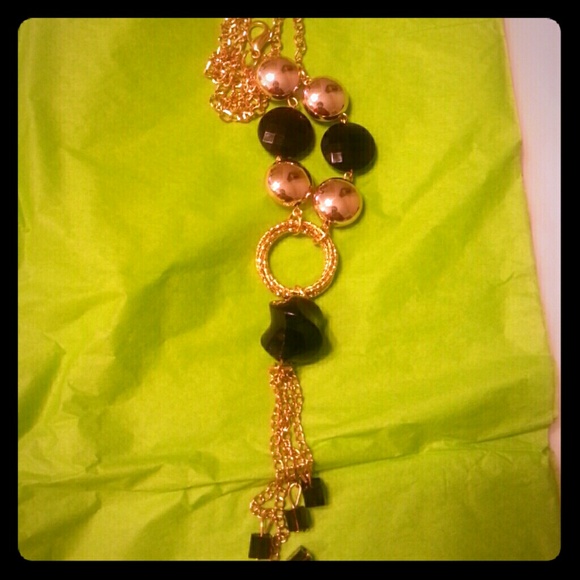 Long Gold Black Beaded Necklace