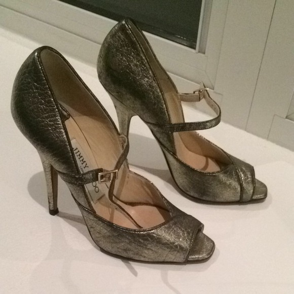 Jimmy Choo size 35.5 silver open toe pumps