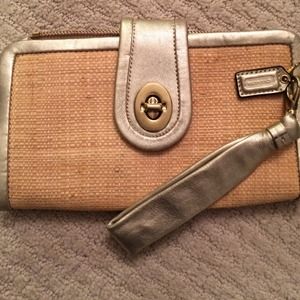 Gold metallic and woven seagrass Coach clutch