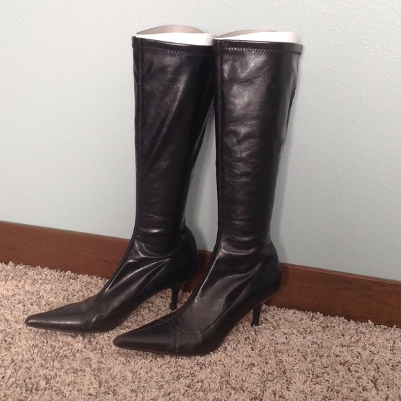Black pointed below the knee boots size 7.5