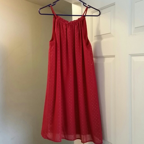 Red dress with gold accents.