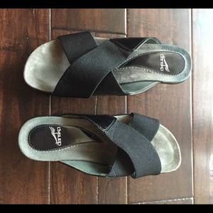 Dansko cross cross black wedge sandal