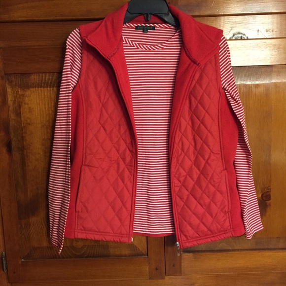 red striped long sleeve shirt and red vest