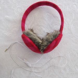 EAR MUFF EARPHONES PINK AND RED PLAID W/ FUR! NWOT