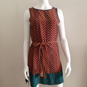 Aztec Burnt Orange Shift Dress with Leaf Belt