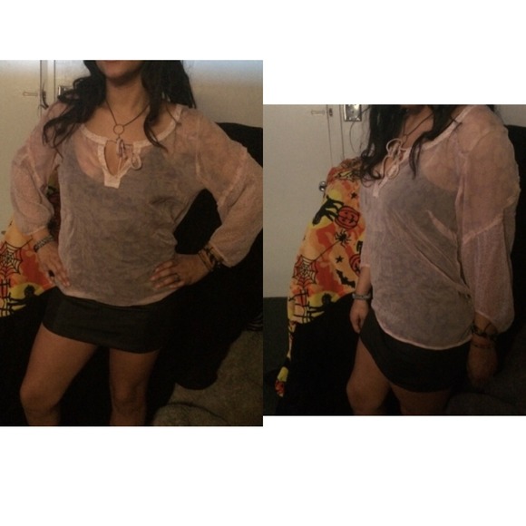 sheer loose light pink top w/ animal print accent