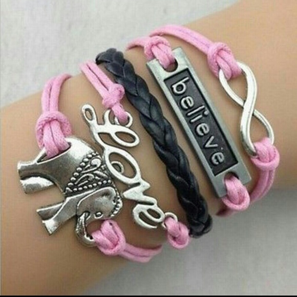 Infinity bracelet love elephant charm black & pink
