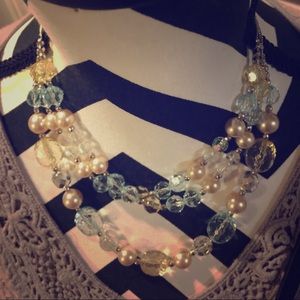 3 strand blue yellow and antique pearl necklace!