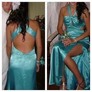 Turquoise open back prom dress