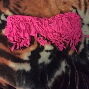 Fringe hot pink strapless bikini top