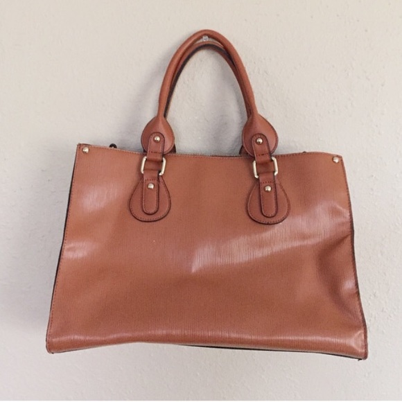 Camel Brown Faux Leather Tote Handbag - Picture 2 of 4