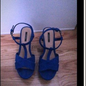 Blue strappy wedge heels